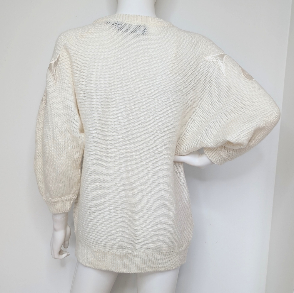 80s Vintage Off-White Batwing Sleeve Sweater With Satin Tribal Design & Beading - Picture 7 of 8